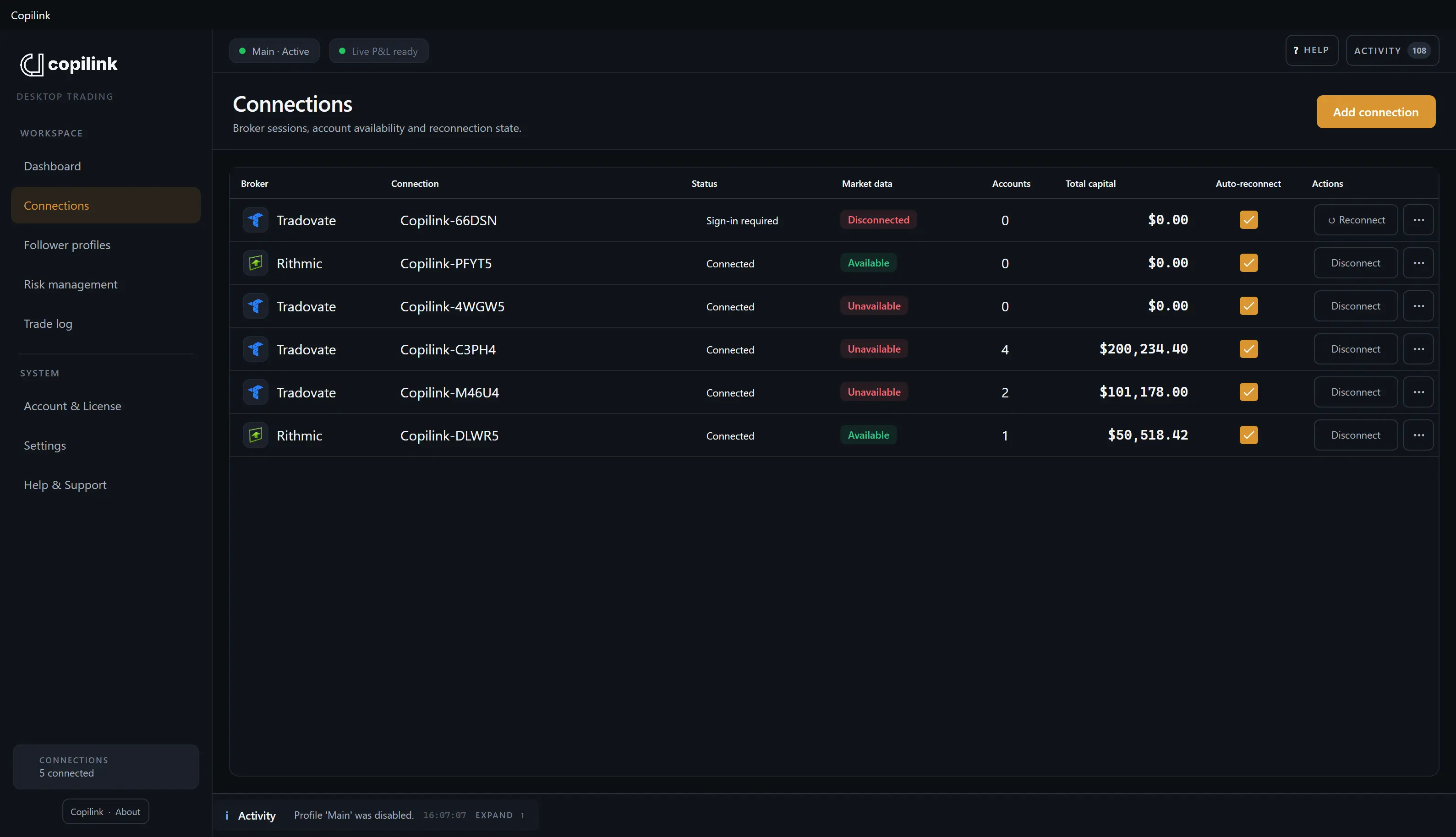 Copilink Standalone saved Tradovate and Rithmic connections