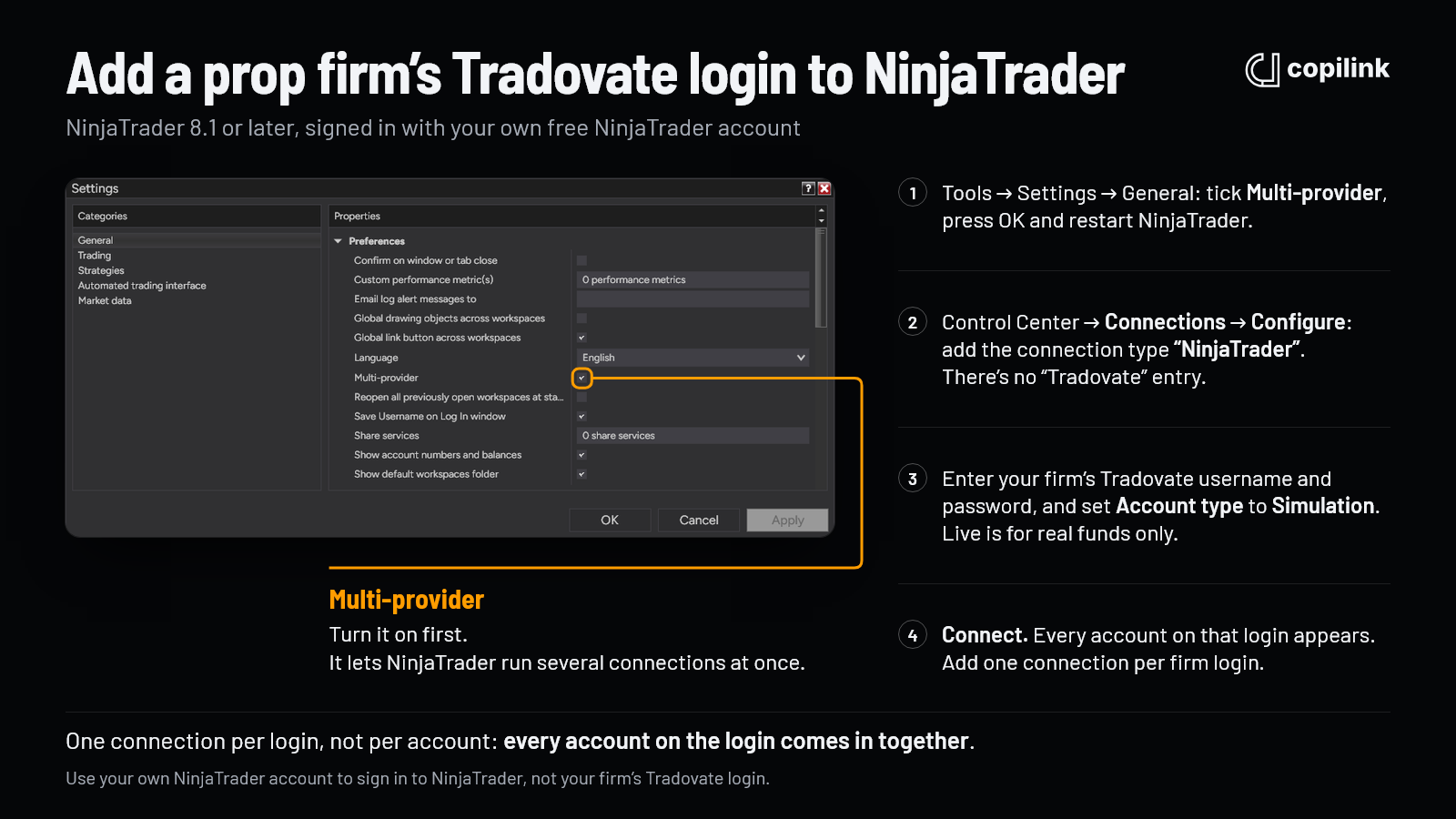 NinjaTrader 8's Settings window with Multi-provider ticked, next to the four steps for adding a prop firm's Tradovate login.