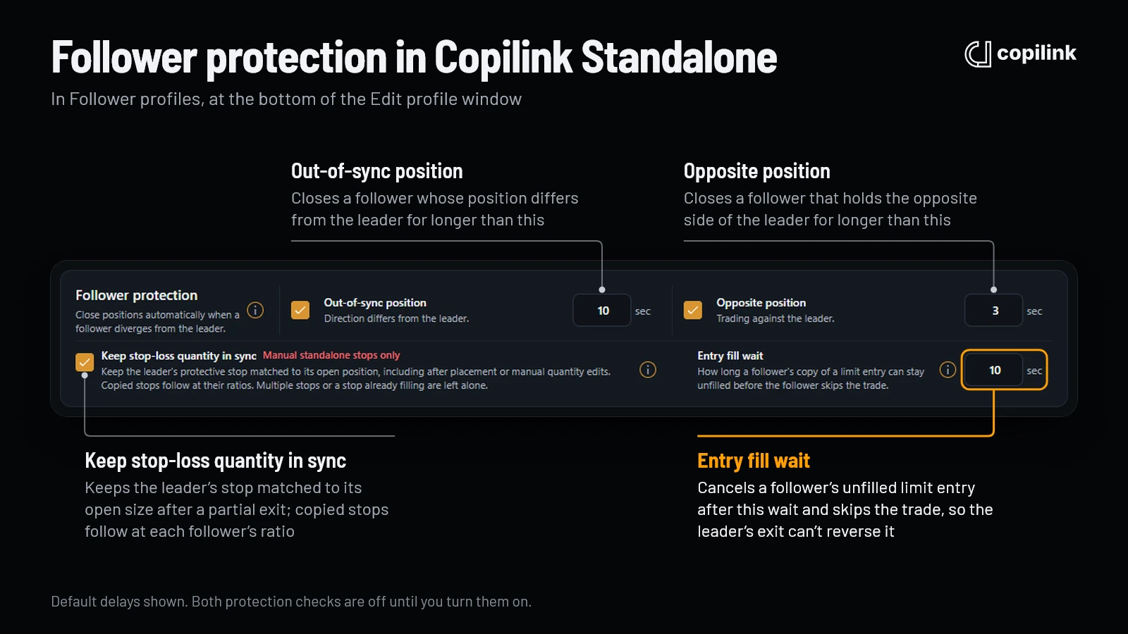 Copilink Standalone's follower protection settings, with callouts for entry fill wait, opposite position, out-of-sync position and keeping stop-loss quantity in sync.